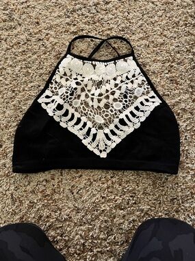 Three Bird Nest Black Halter Tank with White Crochet Bib